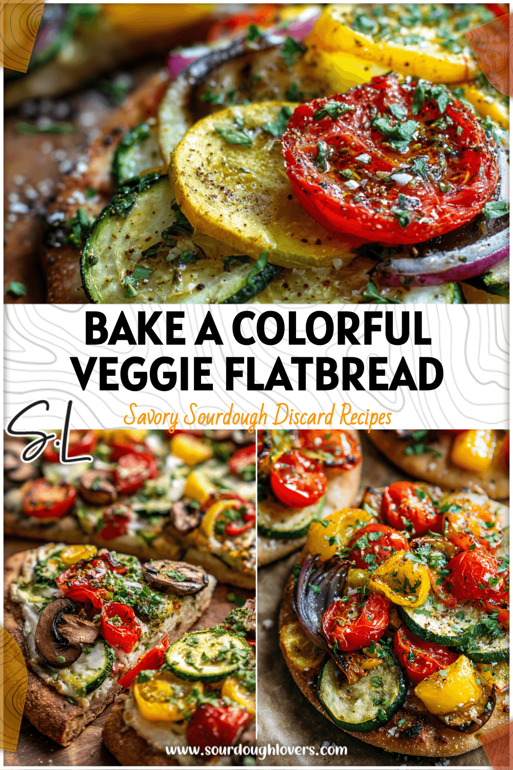 Colorful sourdough veggie detox flatbread topped with tomatoes, zucchini, and herbs in a vibrant baked vegetable flatbread style